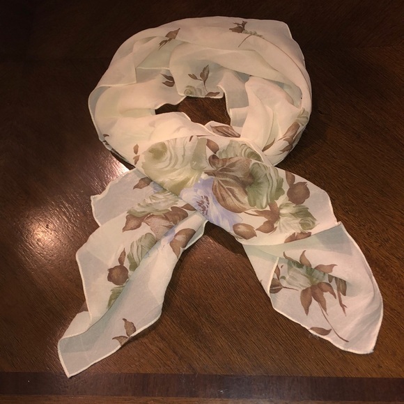 Vintage Accessories - Vintage Chiffon Ivory & Green Flowers Floral Scarf